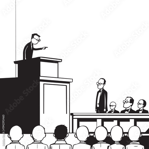 Courtroom trial scene speaker jury audience legal justice vector illustration design