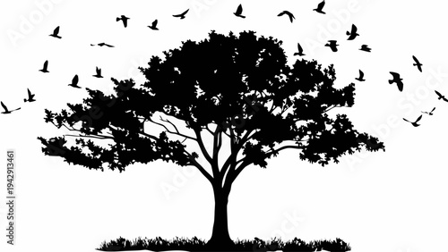 A minimalist vector graphic of a tree silhouette with birds flying around it