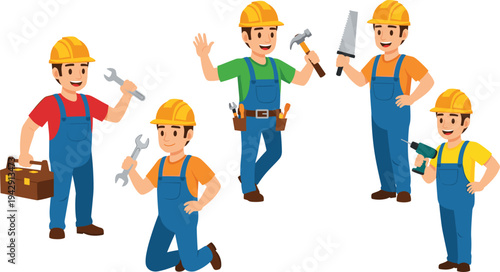 Construction Workers with Tools Cartoon Builder Characters Vector Illustration Set