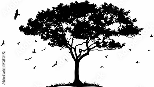 A minimalist black silhouette of a tree with birds flying around it