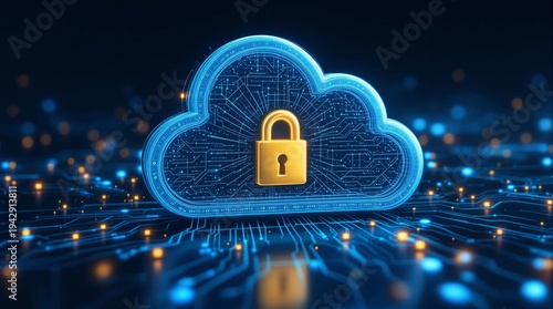 Glowing digital cloud infrastructure protected by a glowing golden padlock symbol