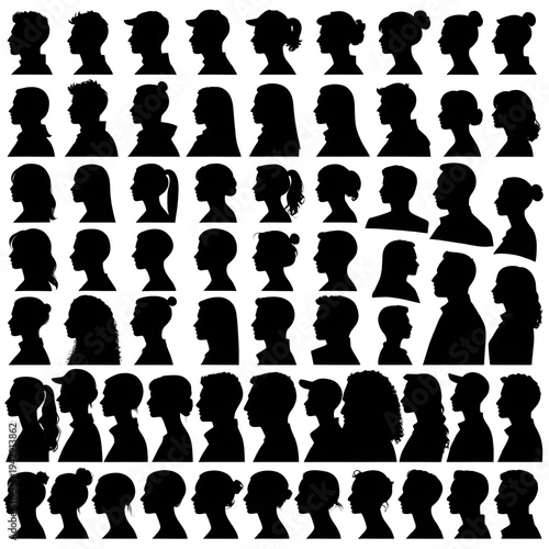 Collection of black silhouettes of diverse human head and shoulder profiles isolated on white background for social media user icons.