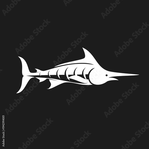 Stylized White Marlin or Swordfish Vector Illustration Isolated on Black Background