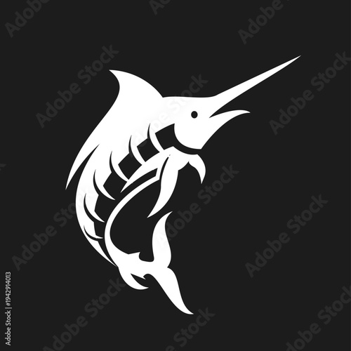 Stylized White Marlin or Swordfish Logo Illustration on Black Background
