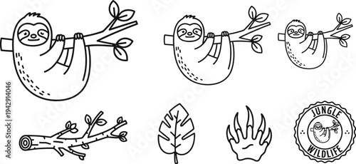 Cute Sloth Hanging on Tree Branch Outline Jungle Wildlife Vector Illustration Set
