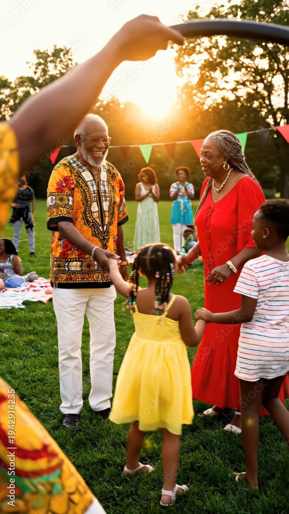 Obraz premium African American family members joyfully engage in a playful circle dance outdoors during a vibrant celebration with colorful decorations and warm sunset lighting
