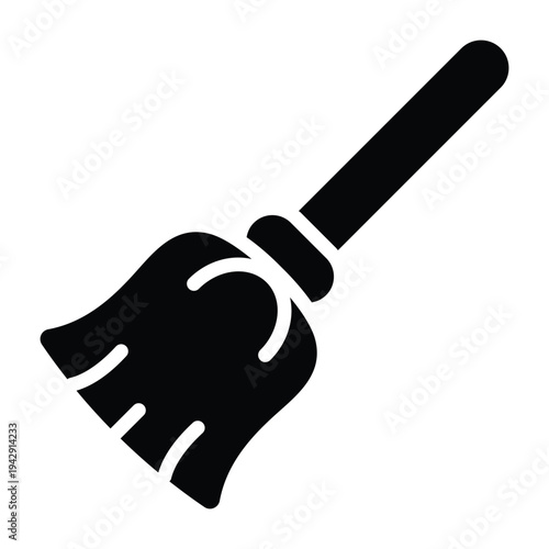 Solid black glyph illustration of broom for sweeping floors and household cleaning. Minimal silhouette design suitable for sanitation and housekeeping visuals.