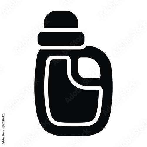Solid black glyph illustration of detergent bottle representing laundry cleaning and household hygiene. Minimal silhouette design suitable for home care and sanitation visuals.