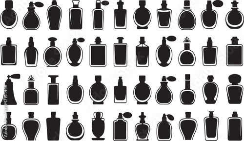 Collection of black perfume bottle silhouettes with various shapes and sprayers on white background