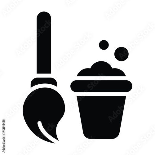 Solid black glyph illustration of mop and bucket representing floor cleaning and sanitation. Minimal silhouette design suitable for household maintenance and janitorial service visuals.