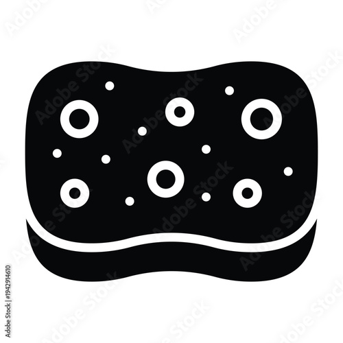 Solid glyph illustration of cleaning sponge used for washing surfaces. Minimal black silhouette style suitable for household cleaning and sanitation visuals.