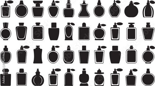 Collection of black silhouette perfume bottles and atomizers on white background
