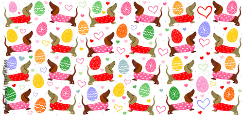 Happy Easter! Easter egg seamless pattern. Children's seamless pattern with Dachshund dogs on green background in cartoon style. Good for textile fabric design, wrapping paper, website wallpapers.