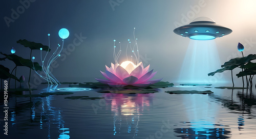 A glowing lotus flower and a futuristic ufo over calm water on transparent background