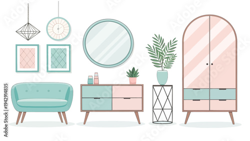 Modern furniture and accessory vector set with pastel colored sofa cabinet dresser mirrors plants and decorative items
