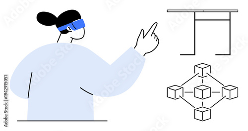 Virtual reality, blockchain, digital transformation, technology education, data visualization, future concepts. Person wearing VR headset pointing at diagram. Virtual reality and blockchain