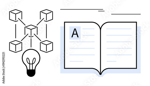 Open book with lines and large A, adjacent to connected cube nodes above a light bulb. Ideal for education, innovation, blockchain, learning, idea exchange, technology research. Simple flat metaphor
