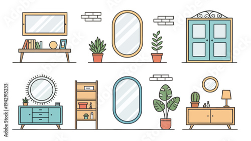 Vector collection of minimalist home decor icons featuring mirrors plants and furniture