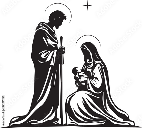 Nativity scene Mary Joseph baby Jesus star holy Christian birth vector illustration design