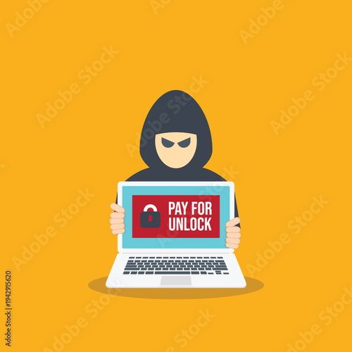 Ransomware Cyber Attack Concept – Hacker Demanding Payment to Unlock Laptop, Malware Cybercrime, Data Encryption Extortion, Cybersecurity Threat Vector Illustration