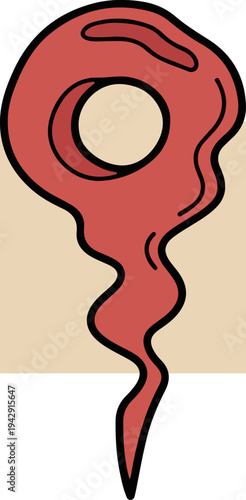 Abstract red shape with a hole and a wavy tail on a beige background.