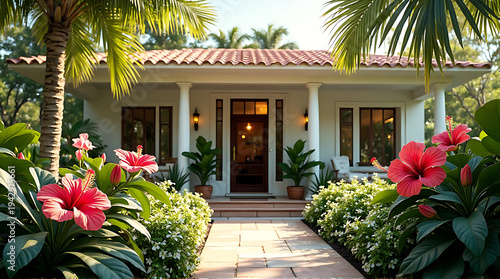 Beautiful landscaped front yard with layered flower beds tulips peonies and hydrangeas around a modern house porch, fresh spring environment, bright natural daylight