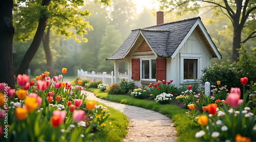 Small charming house with beautifully arranged seasonal flower garden including tulips pansies and daisies, curved garden path and white picket fence