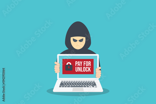 Ransomware Cyber Attack Concept – Hacker Demanding Payment to Unlock Laptop, Malware Cybercrime, Data Encryption Extortion, Cybersecurity Threat Vector Illustration
