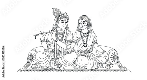 Illustration of Krishna and Radha sitting cross-legged on a mat with intricate designs, Krishna playing a flute, both wearing traditional Indian attire with jewelry, against a plain white