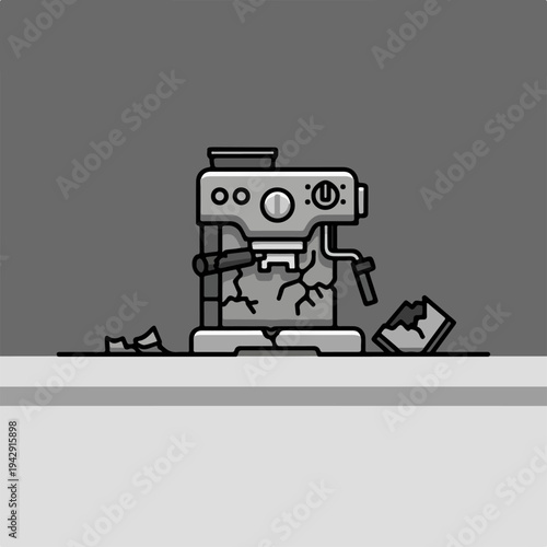 Broken coffee machine illustration on a gray background, damaged appliance.