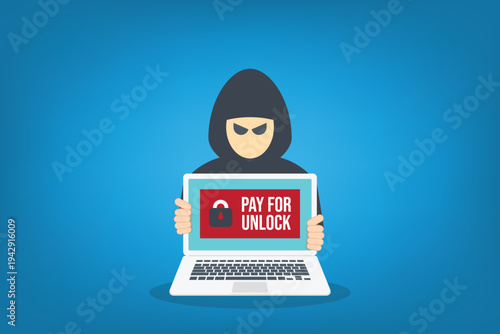 Ransomware Cyber Attack Concept – Hacker Demanding Payment to Unlock Laptop, Malware Cybercrime, Data Encryption Extortion, Cybersecurity Threat Vector Illustration