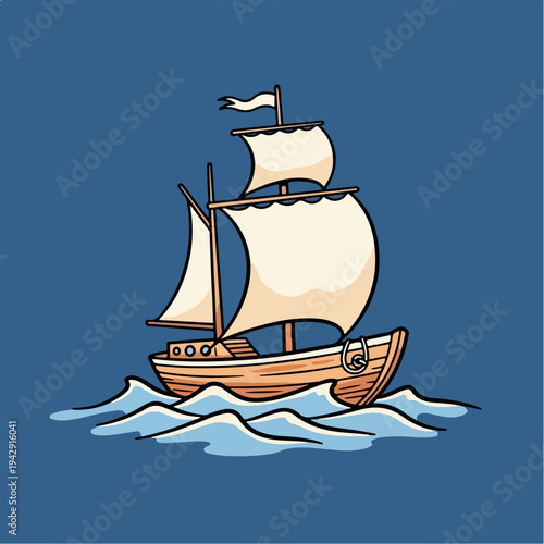 Cartoon illustration of a sailing ship floating on the ocean waves.