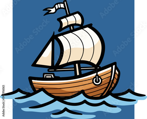 Cartoon sailboat sailing on the ocean with white sails and flag.