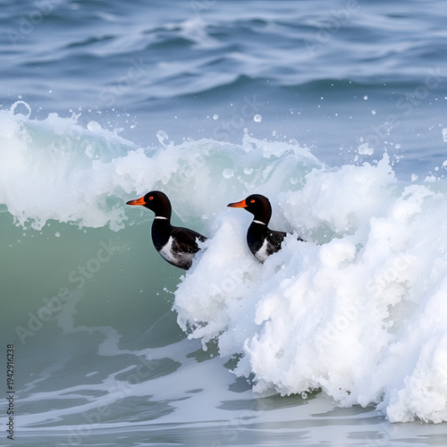 Flock of Surf Scoter Ducks Catch a Big Wave