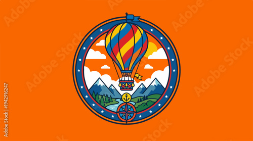 Colorful hot air balloon soaring above mountain landscape design.
