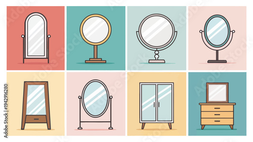 Vector pack of various mirror icons in different styles and settings for design use