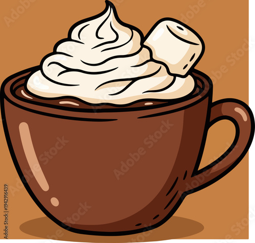 Delicious hot chocolate with whipped cream and marshmallow topping.