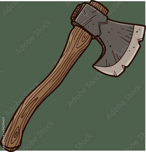 Detailed illustration of a wooden axe with a metal blade, ready for use.