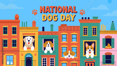 National dog day celebration with colorful houses and dogs
