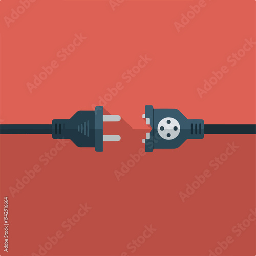 Disconnected power plug and socket on a red background, concept of failure.