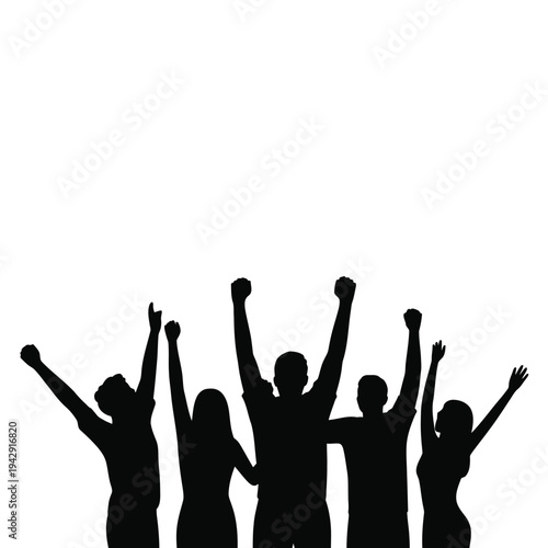 A group of people with their arms raised in celebration and triumph isolated on white background, Vector, illustration