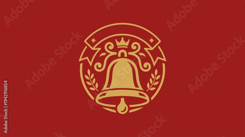 Elegant golden bell emblem on a rich red background.