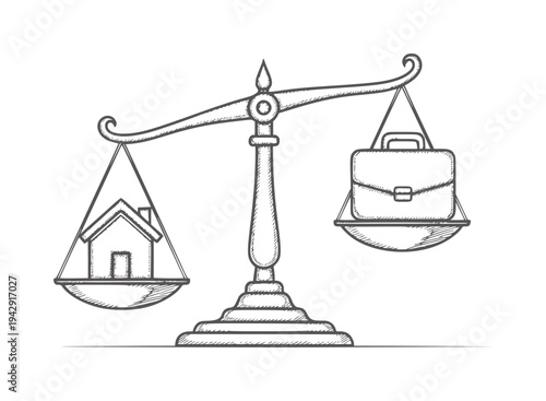 Balance scale with house one side and briefcase the other home