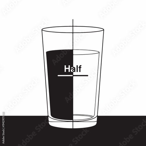 Glass of water with half filled and black and white background.