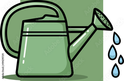 Green watering can with water drops, gardening equipment illustration.