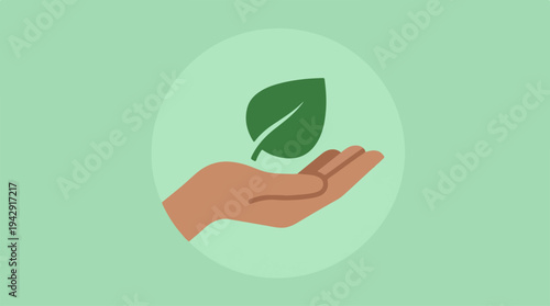 Hand holding a green leaf, representing environmental protection and nature.