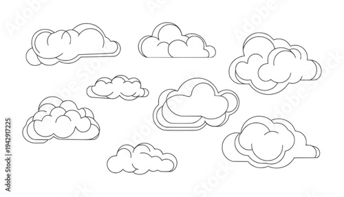 Collection of stylized cartoon clouds with outline weather