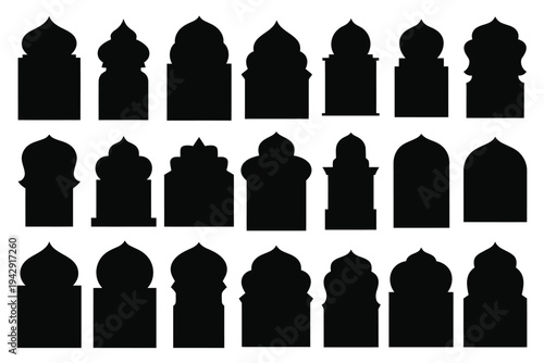 A collection of various house shapes and designs arranged in a grid pattern isolated on white background, Vector, illustration