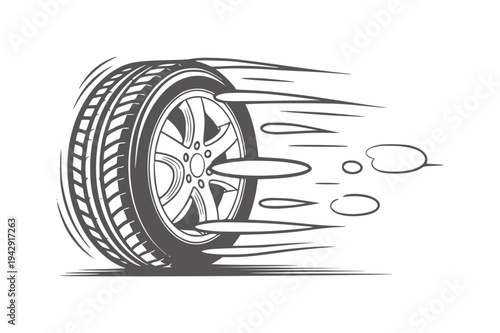 Dark gray car tire spinning fast with motion blur lines and circles wheel speed