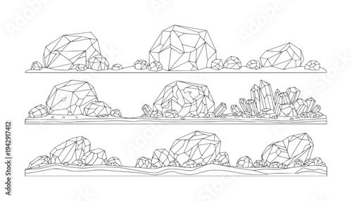 Geometric rock and crystal formations layered ground surfaces polygonal line